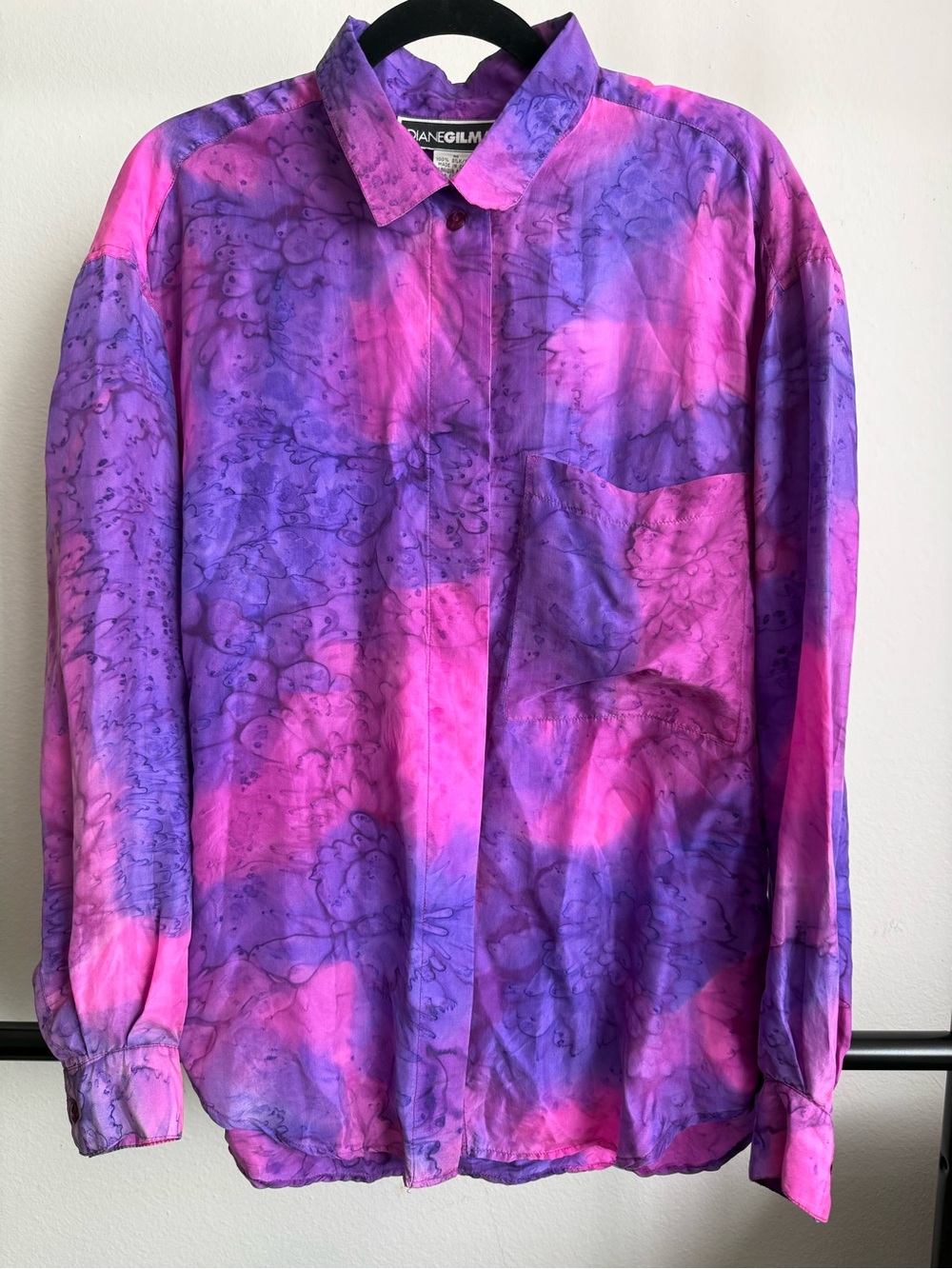 Diane Gilman 100% Silk Pink Purple Abstract Floral Button Down Blouse M